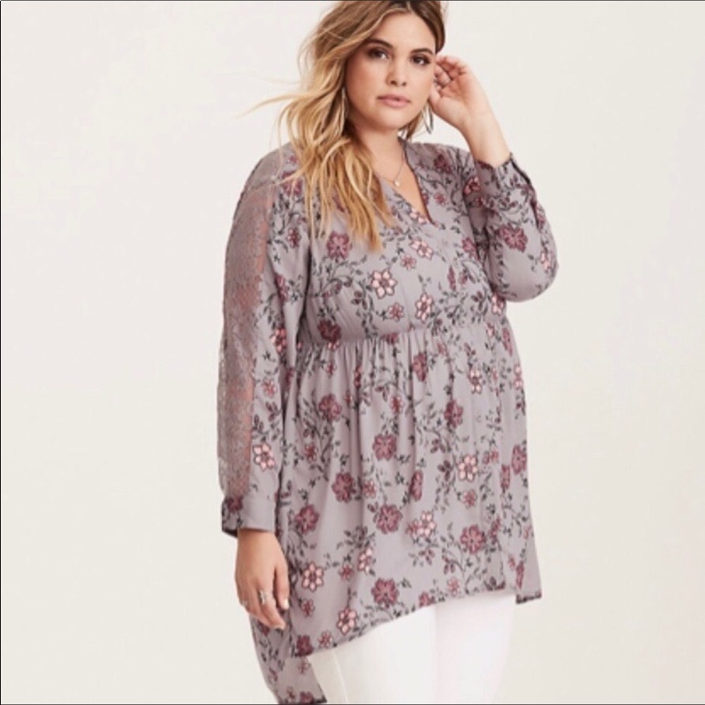 Floral Print Lace Inlet Bell Sleeve Top